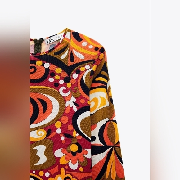 Zara Goovy Multicolored Mod 1970s Style Slit Sides Maxi Dress Long Sleeve Size S - Picture 13 of 16